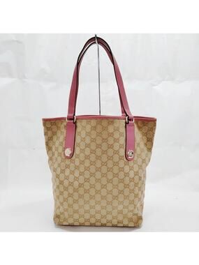 Gucci GG Canvas Bucket Tote Beige Pink Leather Trim Shoulder Bag Authentic